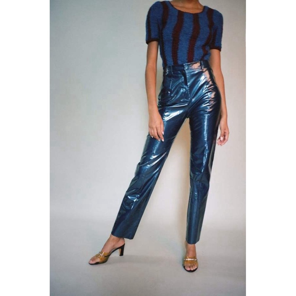 Priscavera NWT Shiny Blue Straight Leg Pants Women's Sz Medium Designer Trousers